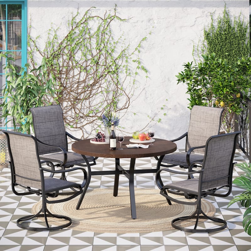 5 Pieces Outdoor Dining Set, 4 Quick Dry Foam Padded Swivel Chairs and 44" Round Metal Wood Grain Table - Brown