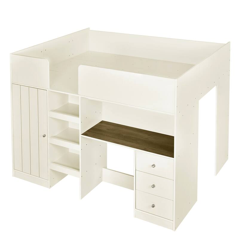 Wood Full Size Loft Bed with Built-in Wardrobe, Desk, Shelves, Drawers