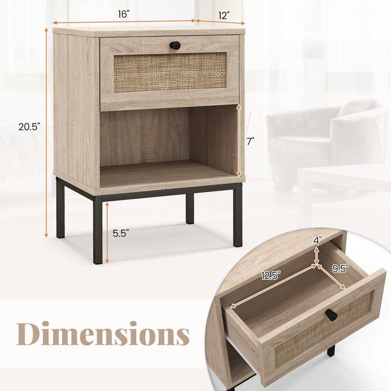 Set of 2 Rattan Nightstand End Table with Rattan Drawer and Open Shelf