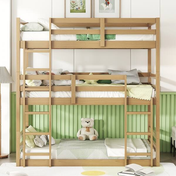 slide 2 of 13, Rubber Wood Detachable Triple Twin Bunk Bed with Two Built-in Ladders,Guardrails for Home White Oak