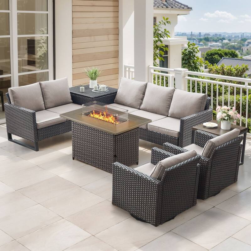 Gymojoy 7 Piece All-Weather Wicker Outdoor Patio Family Conversation Set Group With Fire Pit Table