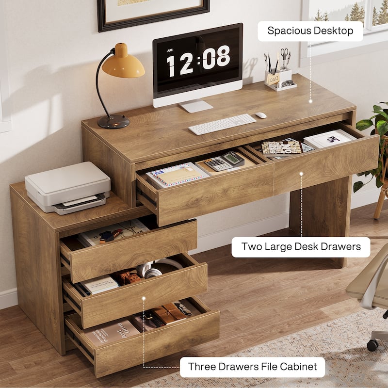 Industrial Computer Desk with 5 Drawers & File Cabinet, Rustic Wood Office Desk with Printer Stand for Small Spaces