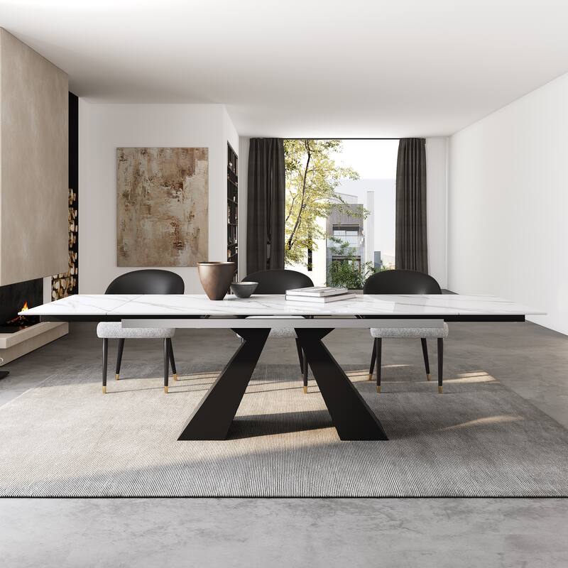 Extendable Rectangular Sintered Stone Double Pedestal Dining Table - Paris White