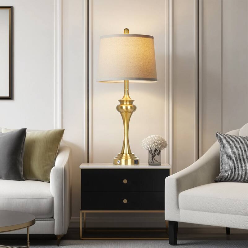 30'' Modern Table Lamps with USB & Type-C Ports, Oatmeal Fabric Shade & Metal Base (Set of 2)