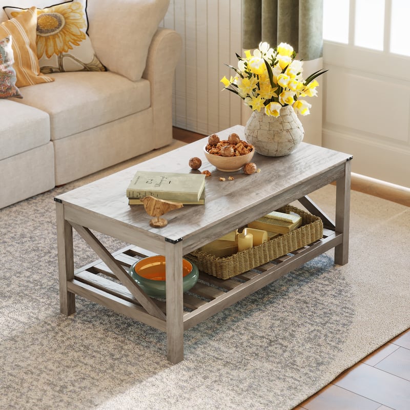 Pellebant 2-Tier Coffee Table Center Table Tea Table with Storage Shelf - WASHED GRAY