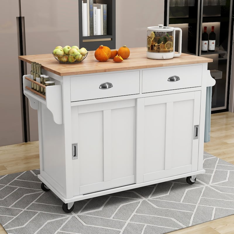 Kitchen Cart with Rubber wood Drop-Leaf Countertop
