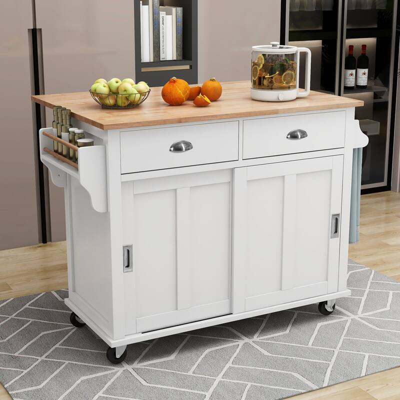 Wooden Kitchen Island with Rubber Drop-Leaf Countertop, Rolling Storage Cabinet wConcealed Sliding Barn Door & Adjustable Height - White