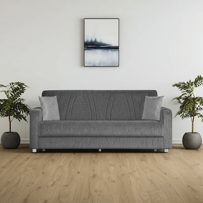 HomeRoots 87" Gray Chenille Convertible Futon Sleeper Sofa And Toss Pillows With Storage