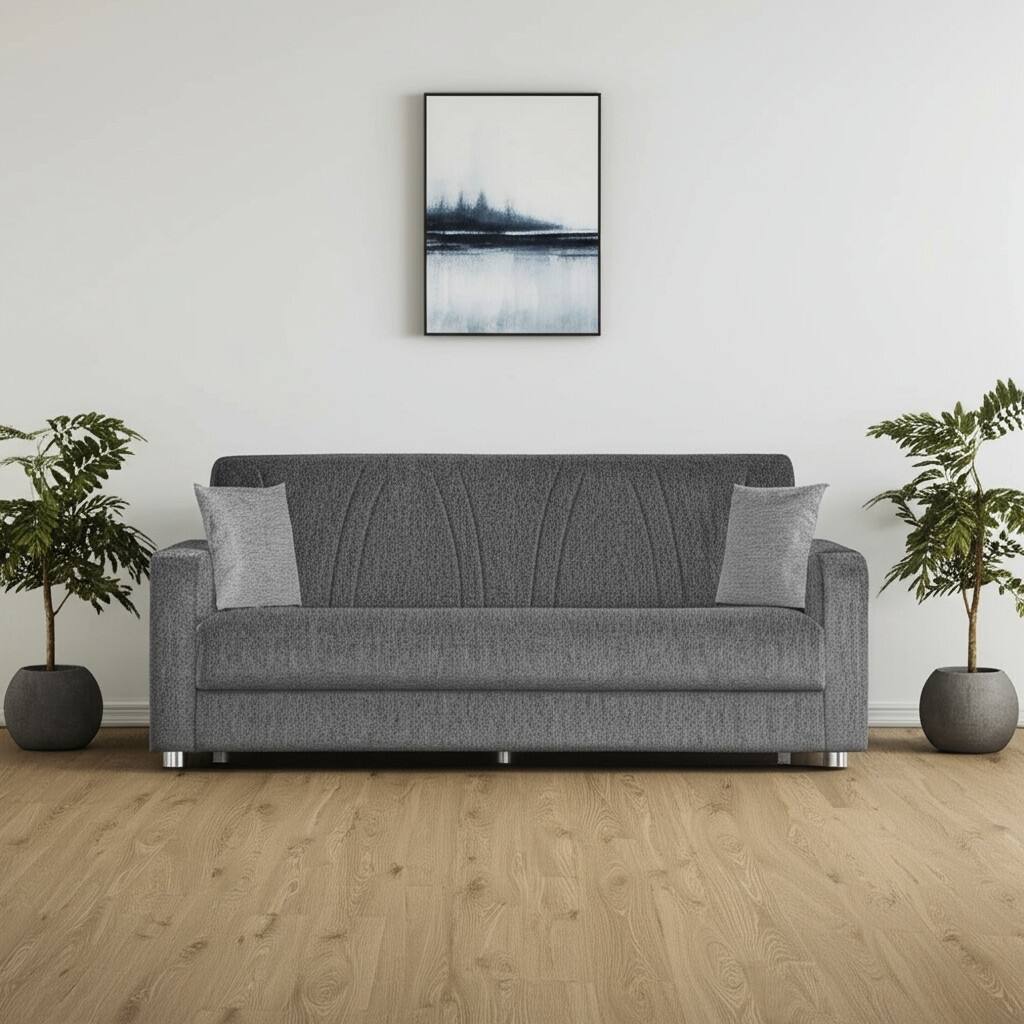 HomeRoots 87" Gray Chenille Convertible Futon Sleeper Sofa And Toss Pillows With Storage