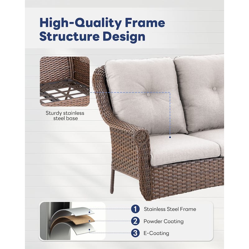 Outdoor Patio 3-Seat Sofa with 2 Ottomans