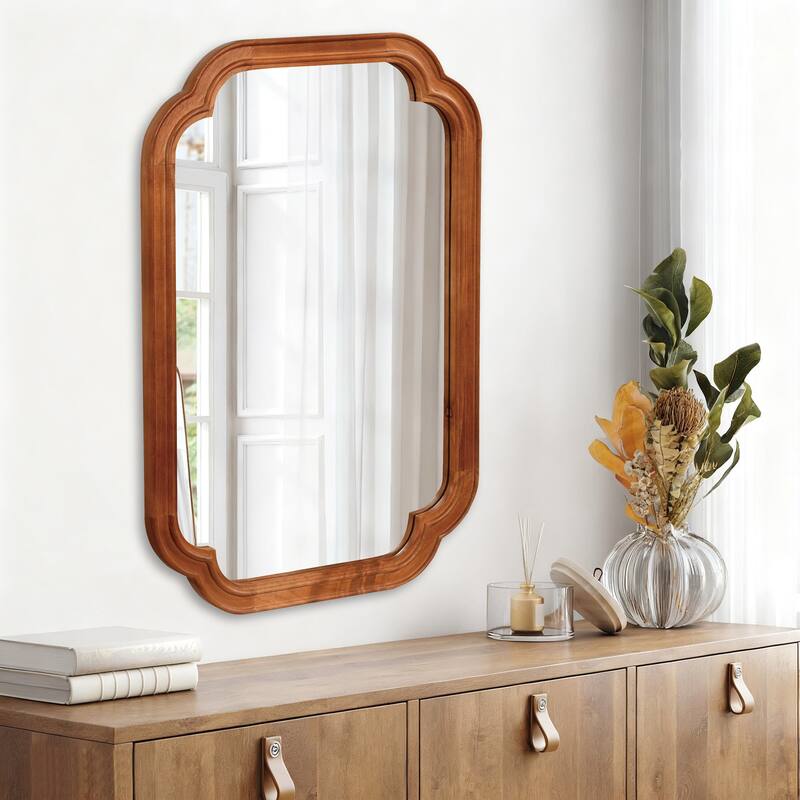 Yellowish Brown Rounded Corner Solid Wood Decorative Mirror - Bedroom, Bathroom, Living Room - Yellow Brown