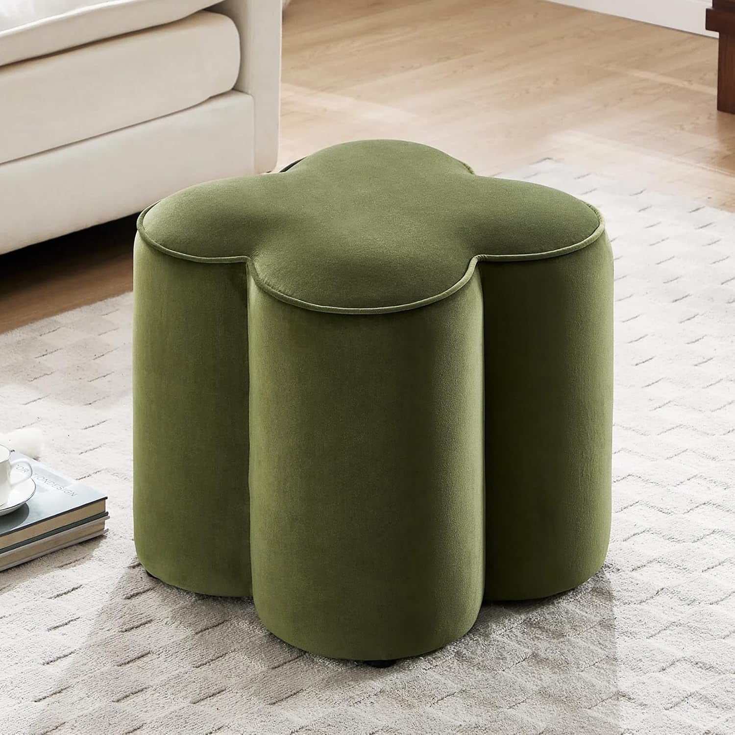 Flower Pouf Ottoman Foot Rest, Velvet Fabric Poofy Stool for Living Room, Bedroom, Dorm, Green