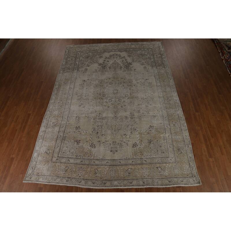 Tabriz Persian Vintage Area Rug Hand-Knotted Beige Wool Carpet - 9'6" x 13'4"