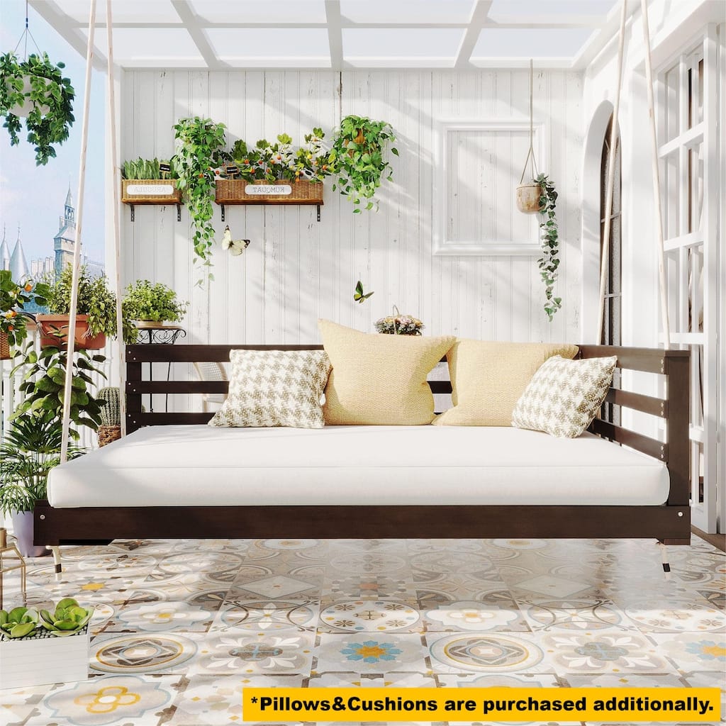 Country Patio Wooden Twin Size Swing Daybed Porch Swing Frame with 4pcs 96-inch Hemp Ropes for Backyard