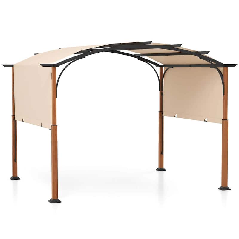 Patio 10x12Ft Pergola Arched w/ Retractable Sun Shade Canopy - Beige