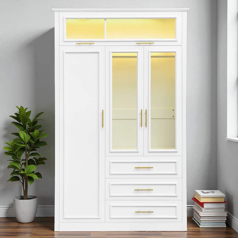 3-Door Wardrobe Armoire Closet with LED Lights and 3 Drawers Pine Wood MDF Clothing Storage Cabinet