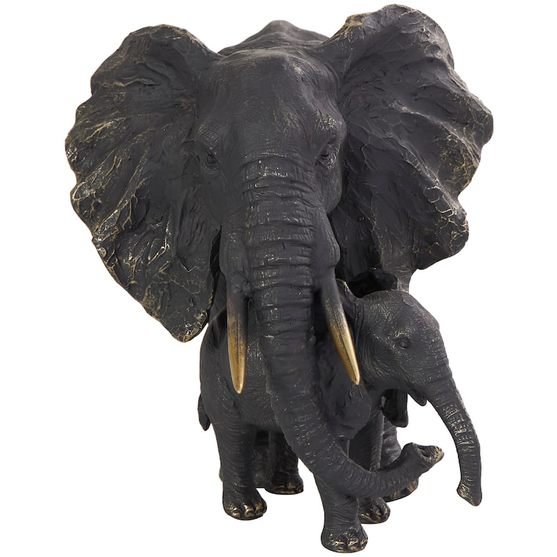 Bronze Polystone Family Elephant Decorative Sculpture with Gold Foil Accents
