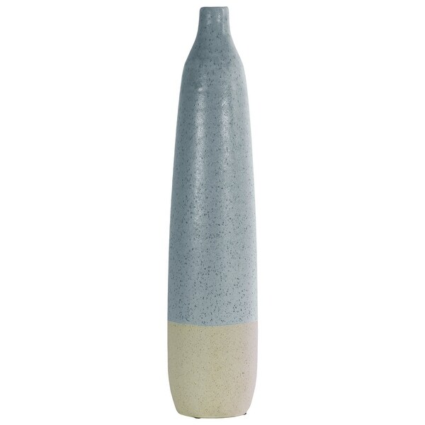 Ceramic Bottle Vase With Cream Banded Rim Bottom, Livid Blue