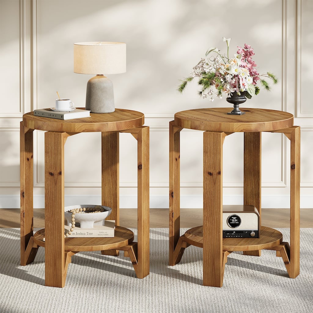 Round End Table with Storage Shelf, 2 Tier Solid Wood Side Table for Living Room