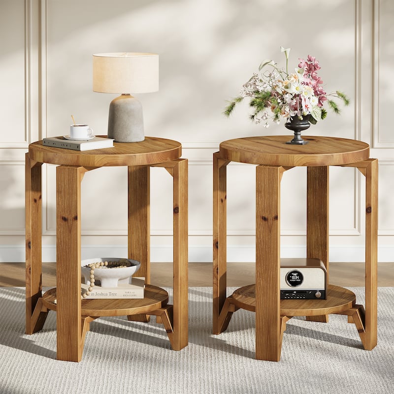 Round End Table with Storage Shelf, 2 Tier Solid Wood Side Table for Living Room - 2-Piece