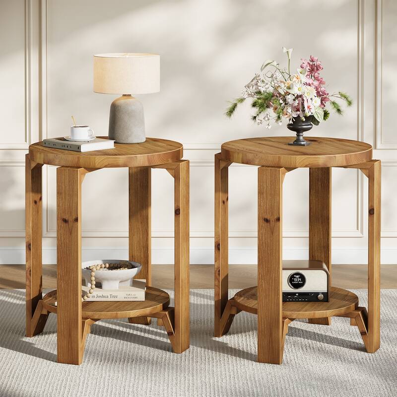 Round Side Table with Storage, 2 Tier Solid Wood End Table for Living Room / Bedroom - 2-Piece