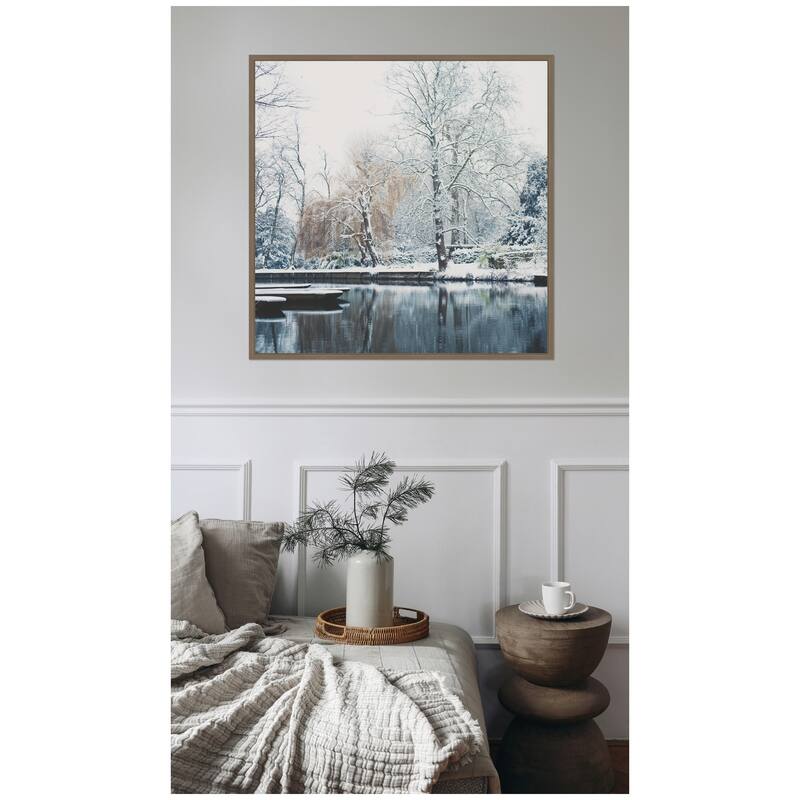 Kate and Laurel Sylvie Framed Canvas Snow Covered Punts on the River Cam by Laura Evans