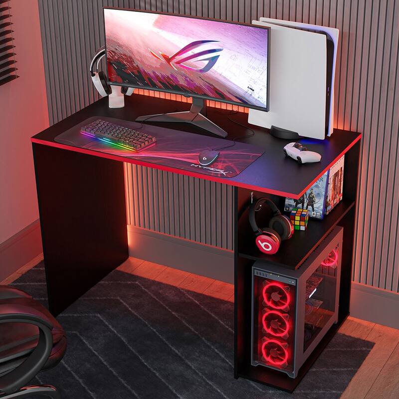 Madesa Gaming Computer Desk with 2 Shelves, Cable Management and Large Monitor Stand, Wood, 21" D x 39" W x 30" H - White