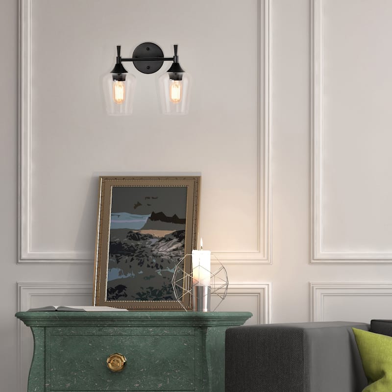 Matte Black 2-Light Modern Vanity Light with Clear Wine Glass Shades