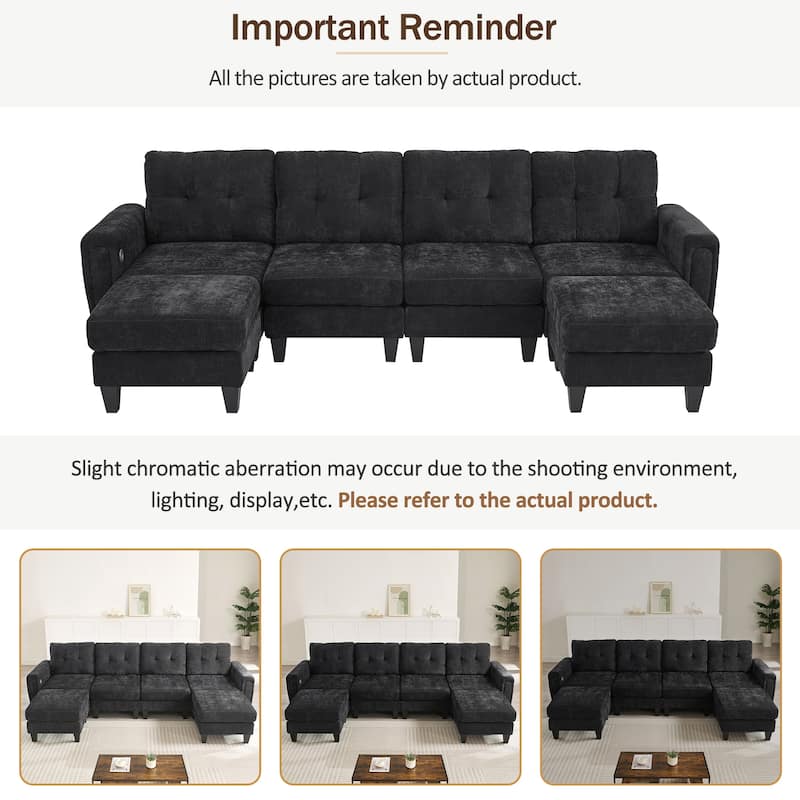 115" U-Shaped Sectional Couch, 6 Seat Upholstered Deep Seat Sofa with Movable Ottomans, USB Ports and Side Tables