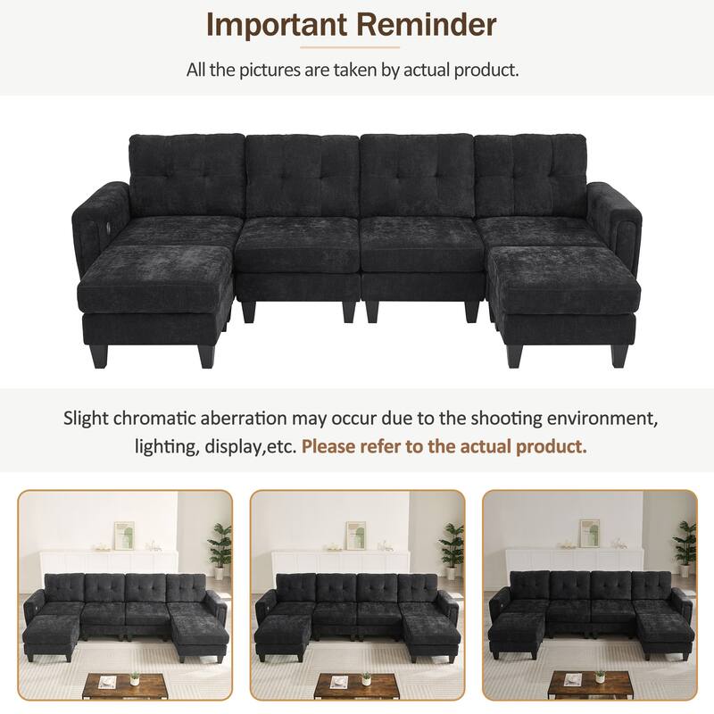 Roomfitters 115 Inch U-Shaped Sectional Sofa with 2 Ottomans and Foldable Side Tables, Chenille