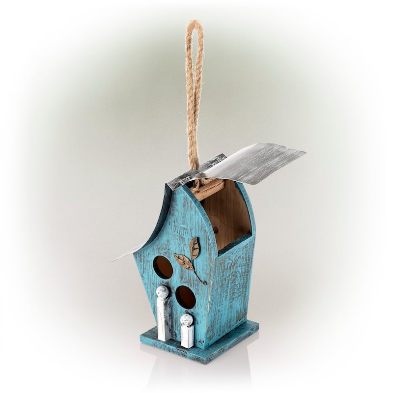 Alpine Corporation 12" Tall Outdoor Hanging Wood and Metal Birdhouse, Blue