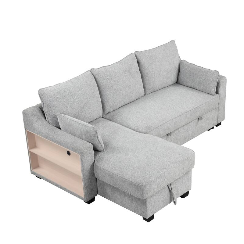 90" Convertible Sleeper Sofa with Storage Chaise, USB Ports, Storage Racks for Compact Spaces