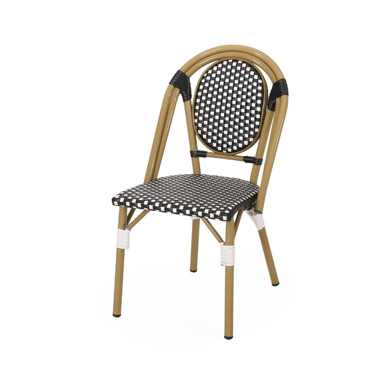 Bo Outdoor Bistro Chair Set of 2, White and Black Faux Rattan, Metal