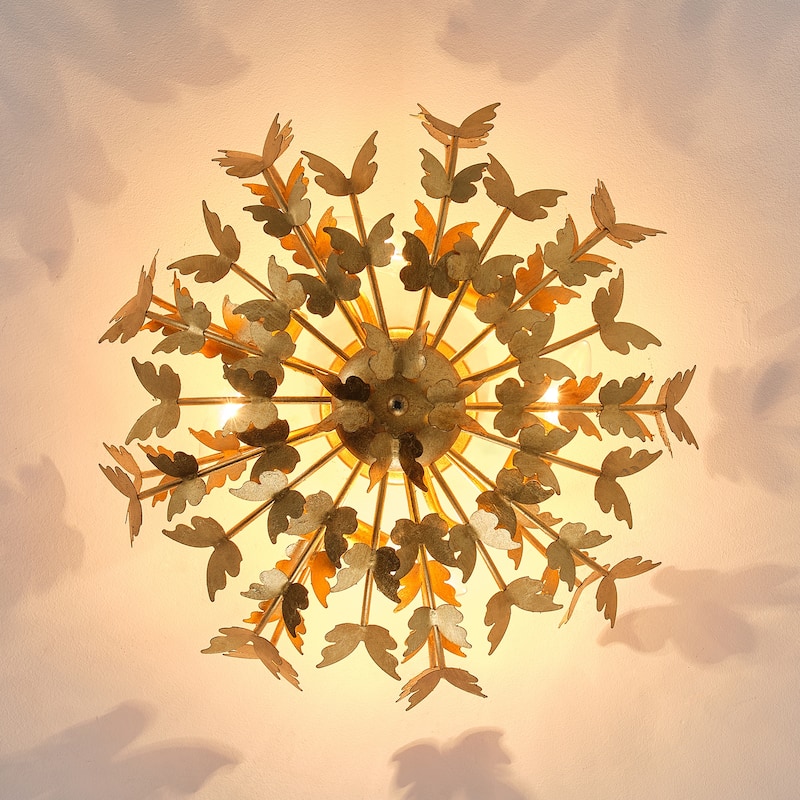 Antique Gold Butterfly Bowl 4-Light Semi Flush Mount Ceiling Light - 17.7"Wx10.4"H