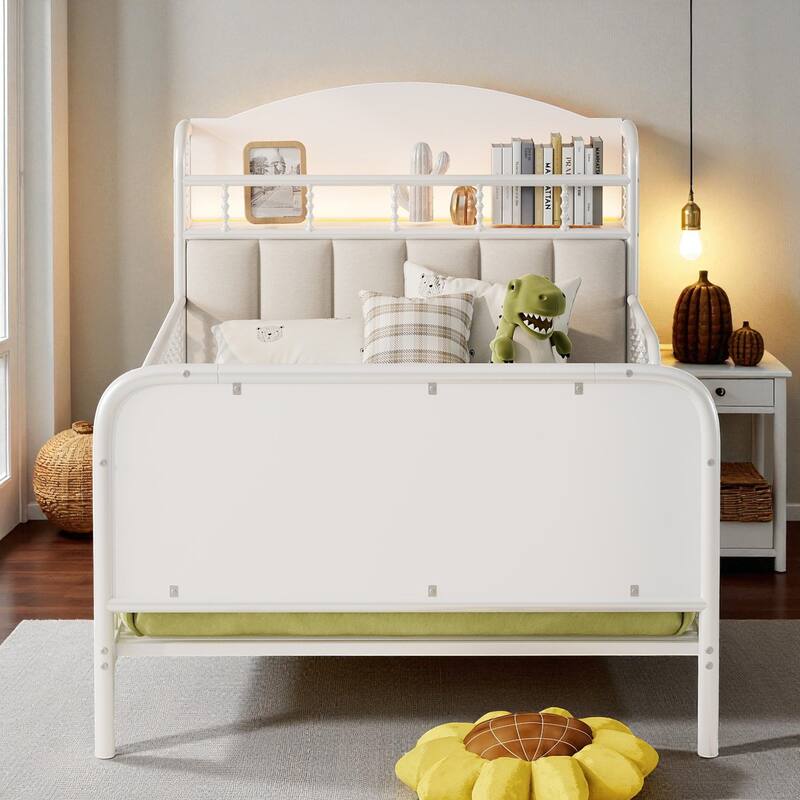 Twin/Full Size Metal Platform Bed with LED Lights and Upholstered Headboard, Kids Bed Frame with Storage Shelf