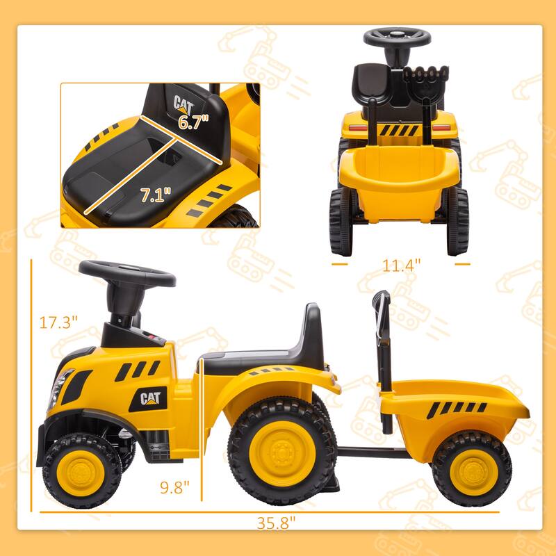 Licensed Caterpillar Kids Ride-On Tractor with Shovel, Storage Trailer, Lights & Music - Yellow