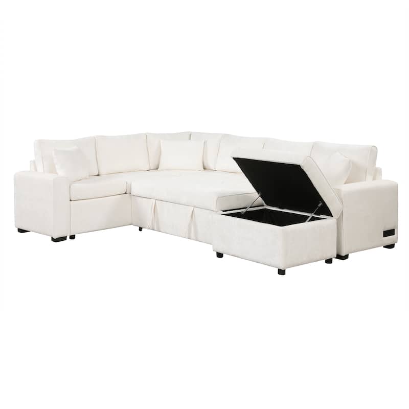 Roomfitters Sectional Sofa Pull-Out Bed Sleeper with Storage Ottoman, Three Pillows, and Built-In Charging Devices