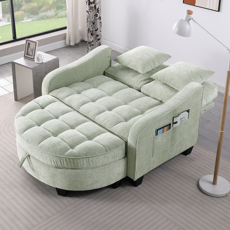 Two-Seater Chaise Lounge with Storage Footrest and Pillows, Irregular Armrest Design