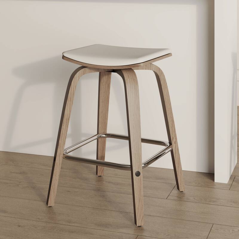 Leather Counter Stool Swivel Square Seat Poplar Wood Frame Iron Foot Rest