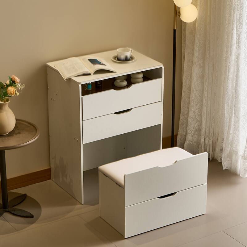 3 in 1 Vanity Desk with Plip-up Mirror & Lights, Glass Top Small Makeup Vanity, Makeup Desk with 3 Drawers & Storage Bench