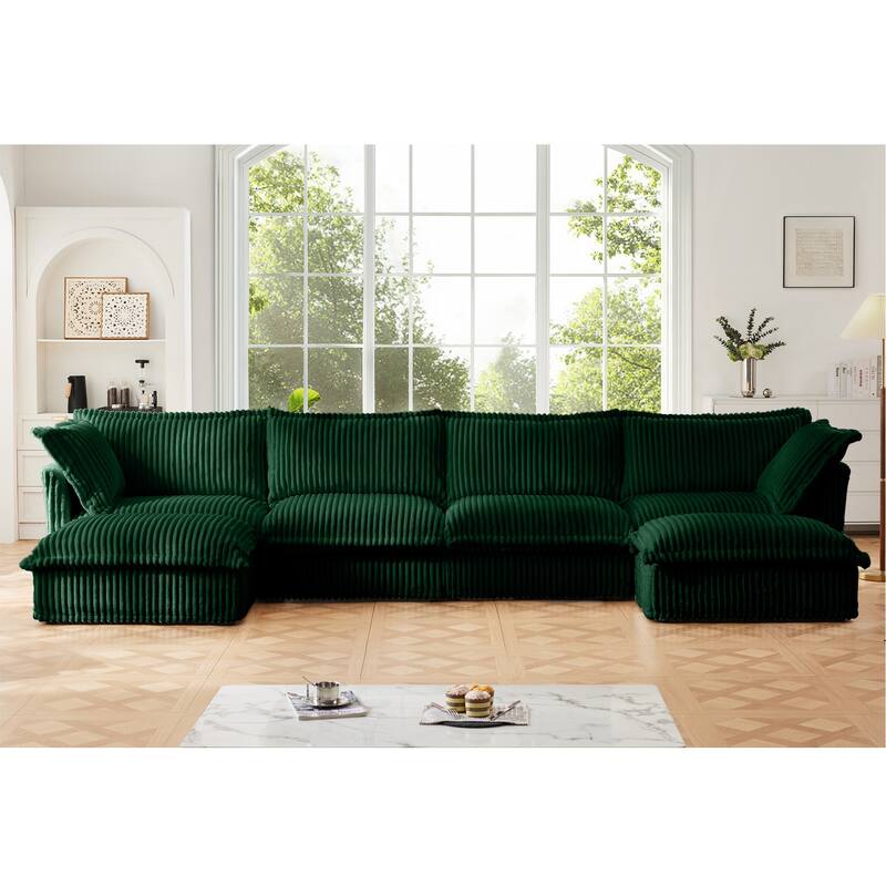 Slipcovered 4-Seater U-Shape Corduroy Sectional Sofa Couch with French Edges Design