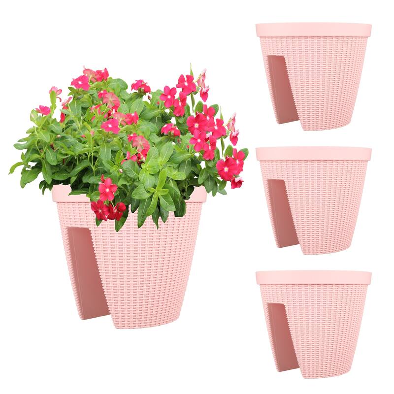 Aoodor 12'' Balcony Rattan Pattern Railing Planter Box with Drainage Holes and Adjustable Brackets-Set of 4 - 12''×11''