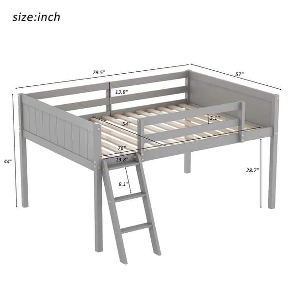 dimension image slide 1 of 2, Full Size Wood Low Loft Bed with Ladder