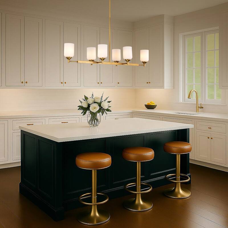Solara 6 Light Island Pendant Natural Brass Finish Frosted Ribbed Glass - Natural Brass
