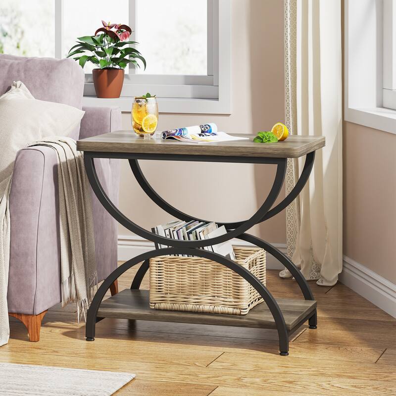 2-Tier Rectangular End Side Table, Mid-Century Modern Bedside Nightstand