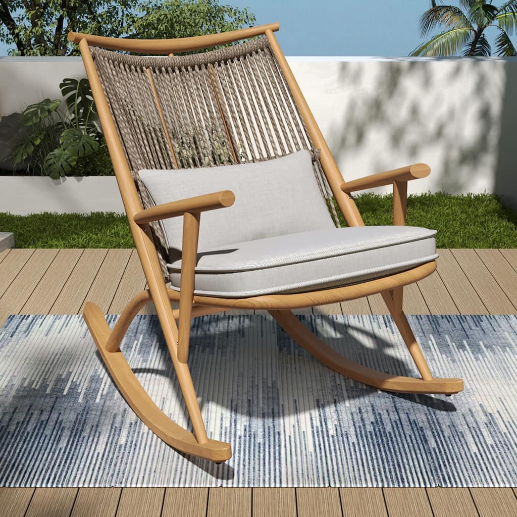 Anmytek Outdoor Rocking Chair with Gray PE Rattan Backrest and Light Gray Cushion Maple Finish Iron Frame Porch Furniture