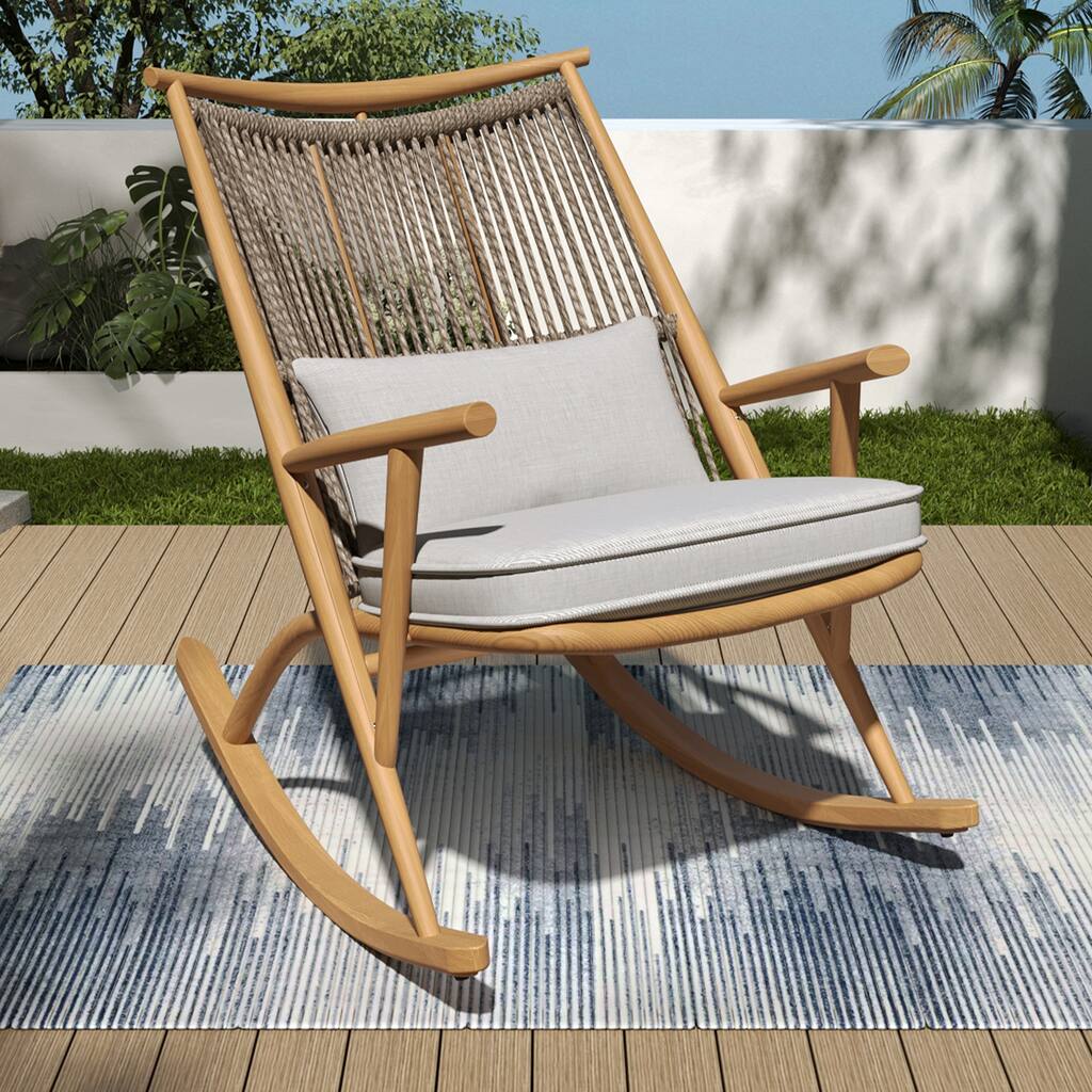Roomfitters Outdoor Rocking Chair with Maple Finish Iron Frame and Gray Woven Backrest