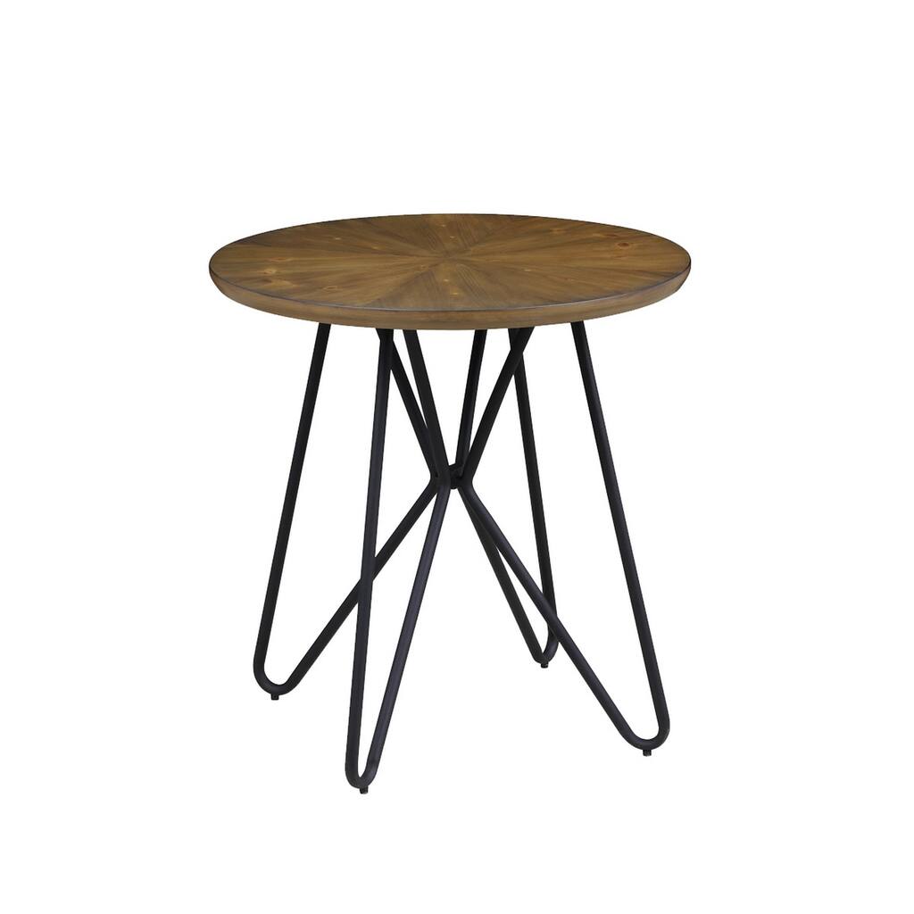 Dual Tone Round Wooden End Table with Metal Hairpin Legs, Brown and Black