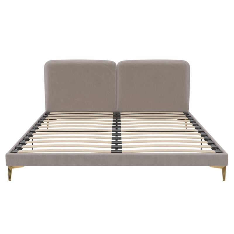 Velvet Upholstered Platform Bed with Foam-Padded Headboard, Modern Metal Legs, King Size