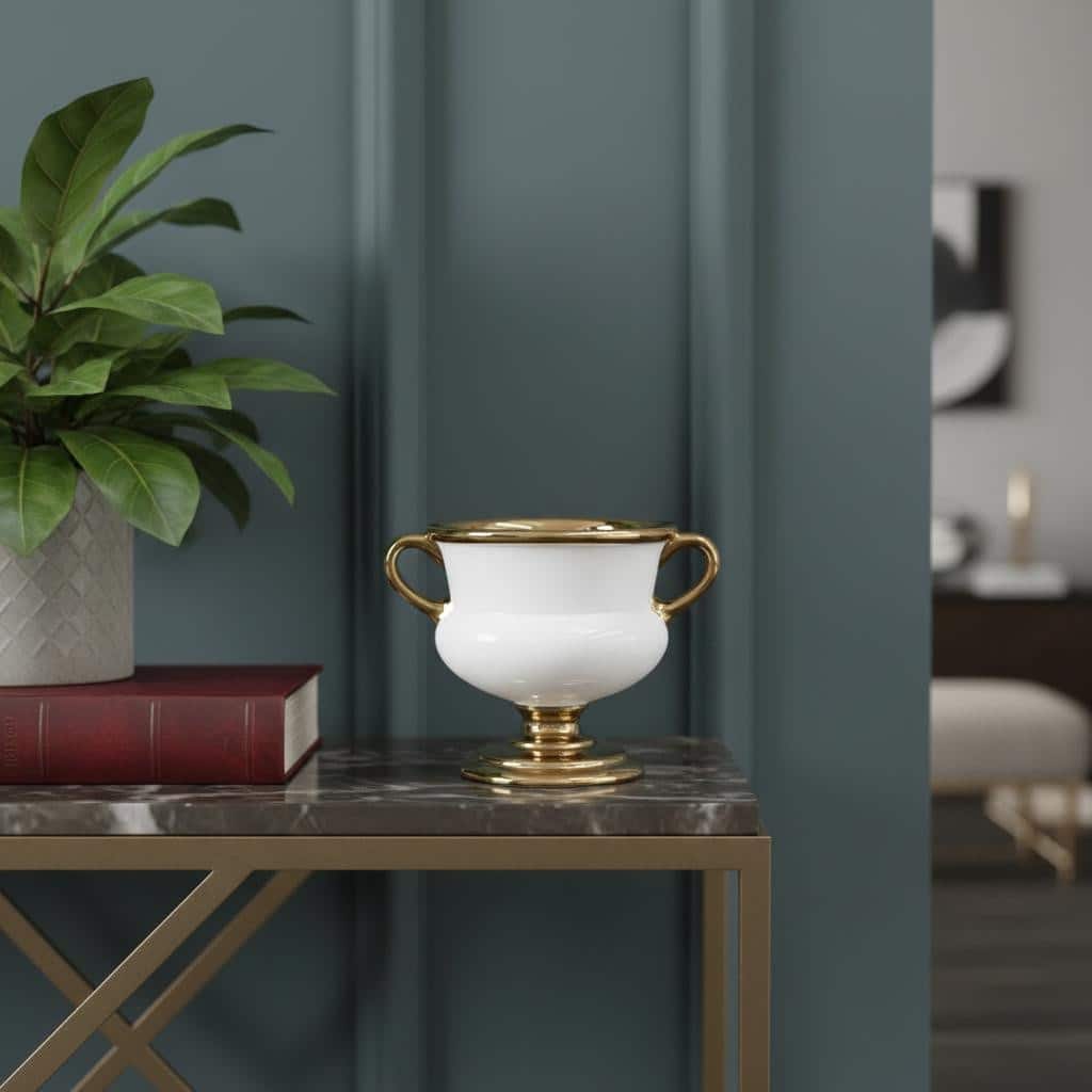 7" White And Gold Ceramic Amphora Urn - 9.80